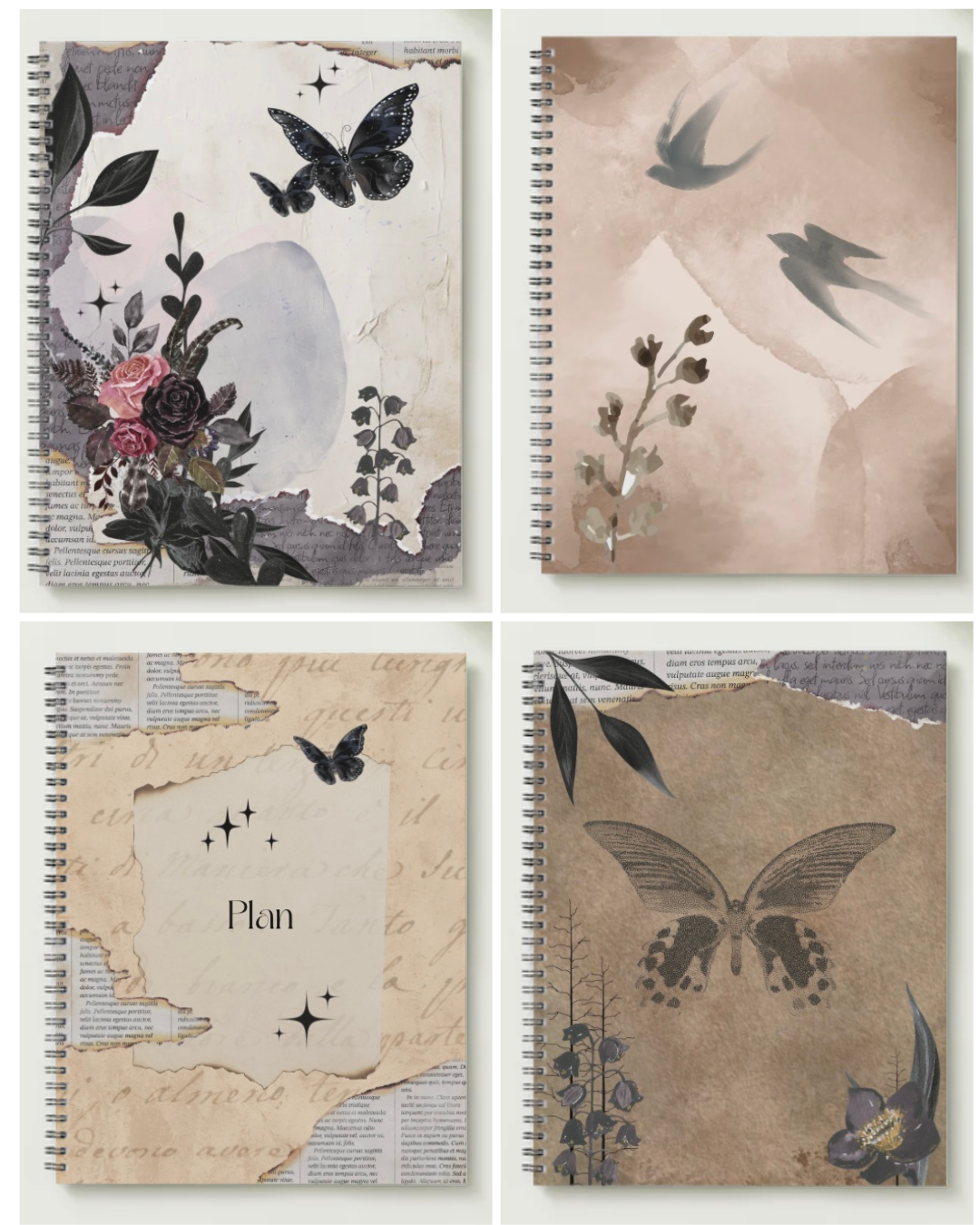 Farm edition of Four spiral notebooks with vintage botanical butterfly and bird collage journal cover designs.