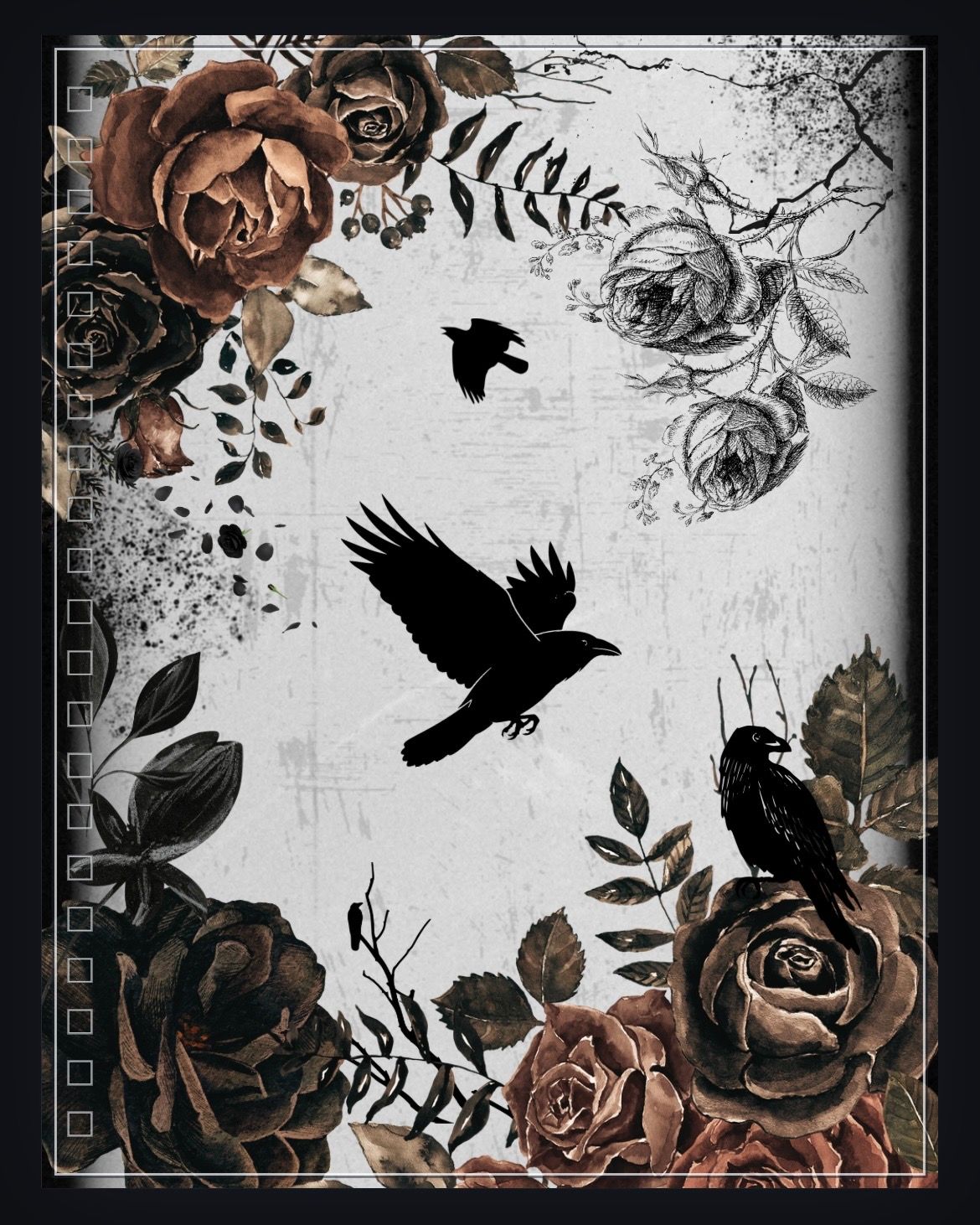 Dark gothic art journal cover featuring black ravens perched among brown roses on a gray background.