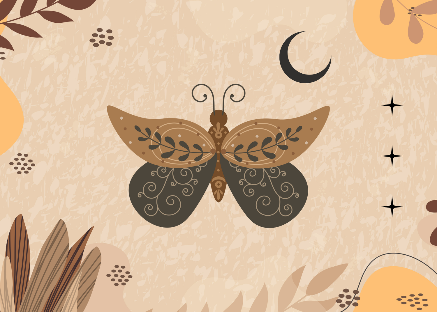 Folklore card cover design of Boho celestial butterfly illustration with moon and stars on a beige background with botanical elements.