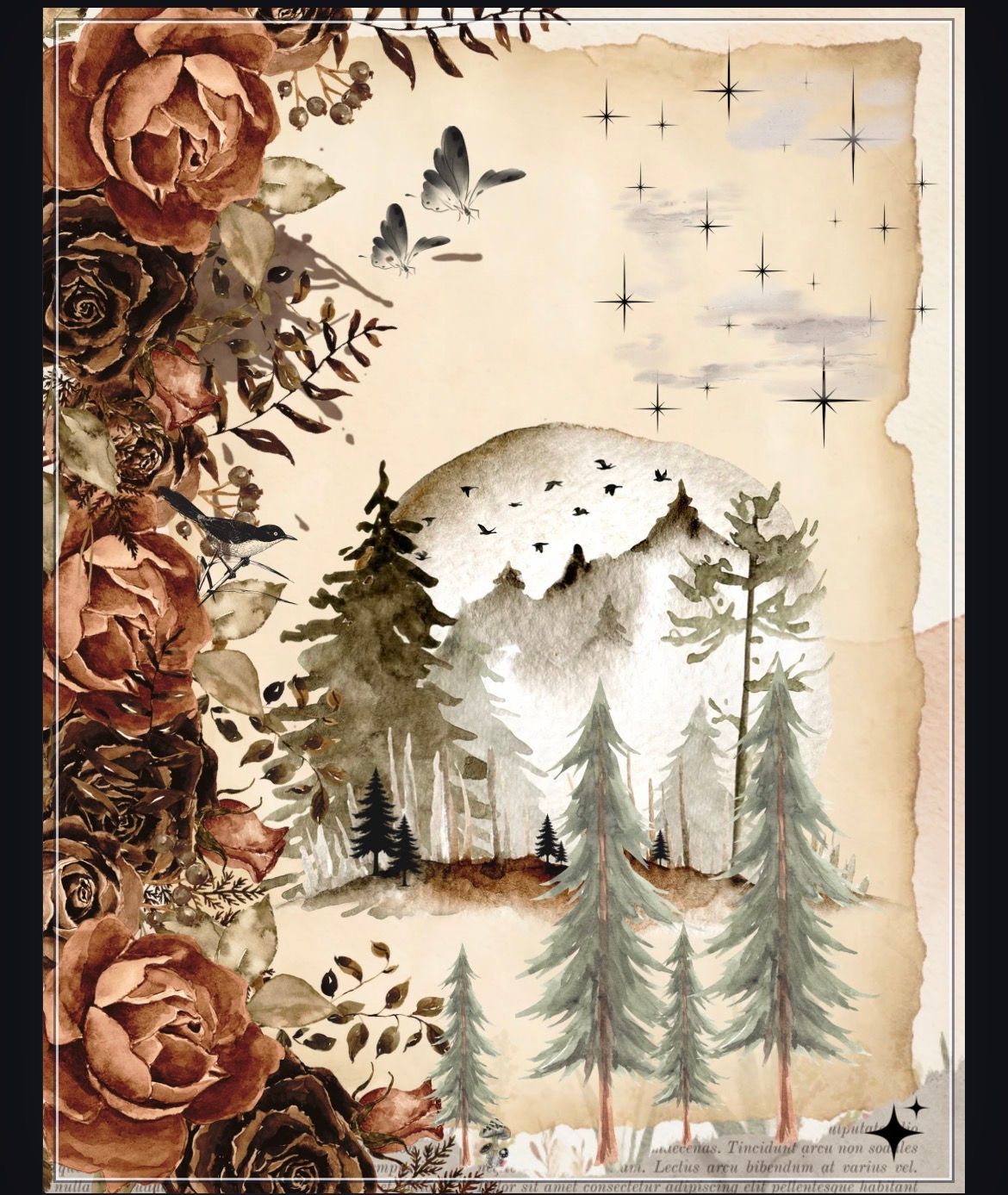 Vintage watercolor journal cover with pine trees, mountains, brown roses, and stars on aged paper.