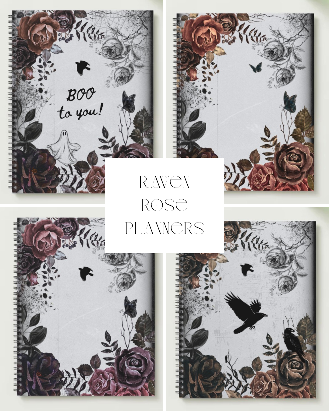 Folklore edition of Four spiral planners with gothic dark floral raven rose designs labeled Ravcy Rose Planners.