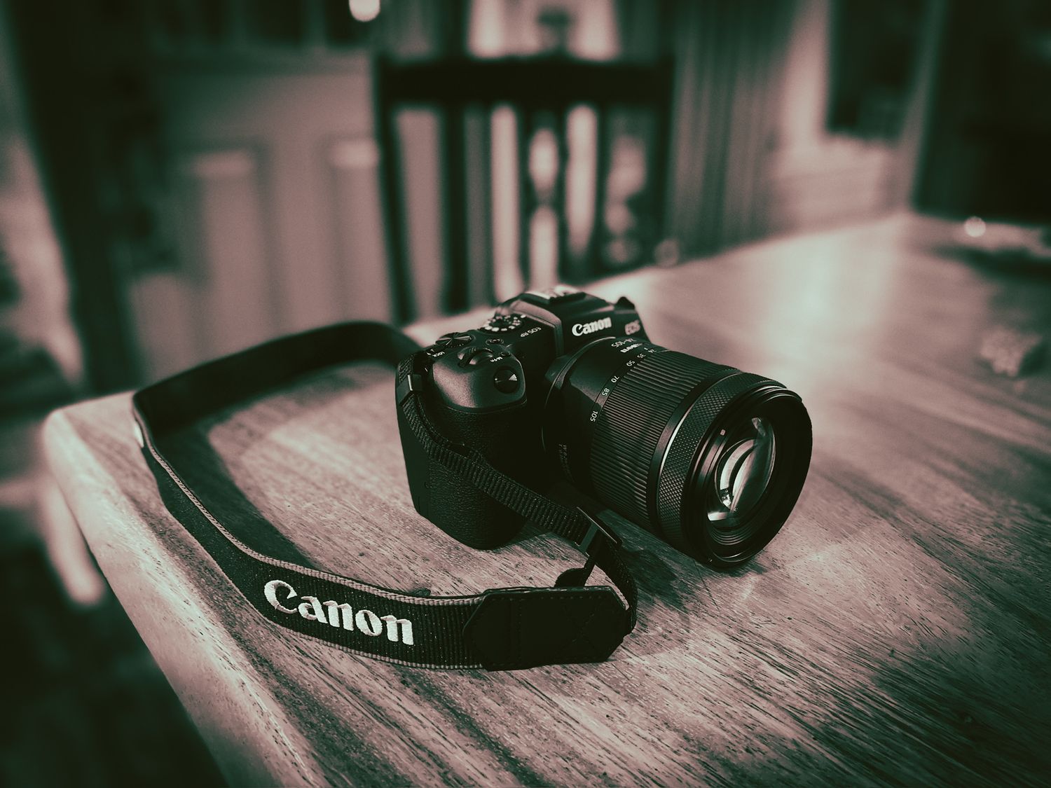 website photo of Canon DSLR camera with zoom lens resting on wooden table in black and white photo.