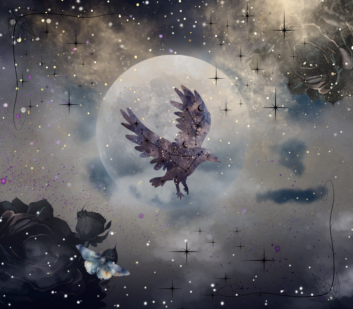 Sticker example of Fantasy art of a bird flying in front of a full moon in a starry night sky.