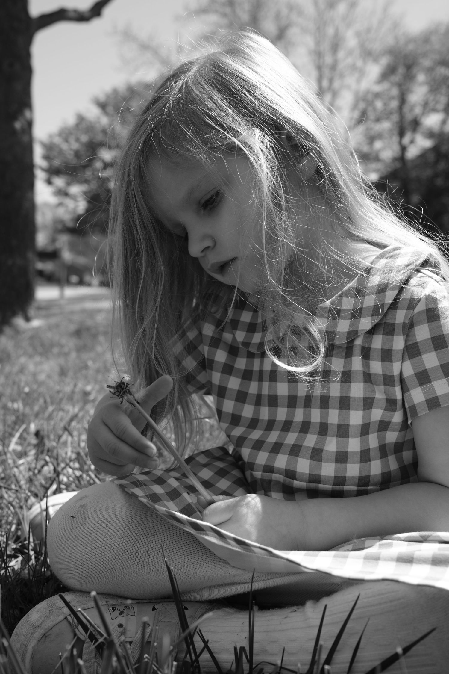 Child in gingham dress lays on blanket drawing outdoors in black and white photograph.