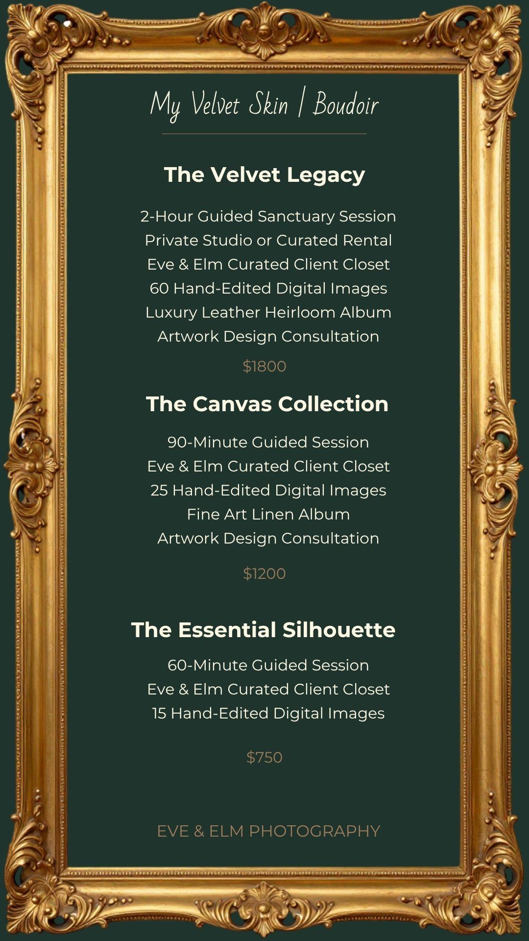 Elegant boudoir photography pricing menu for My Velvet Skin featuring three luxury packages ranging from $750 to $1800.