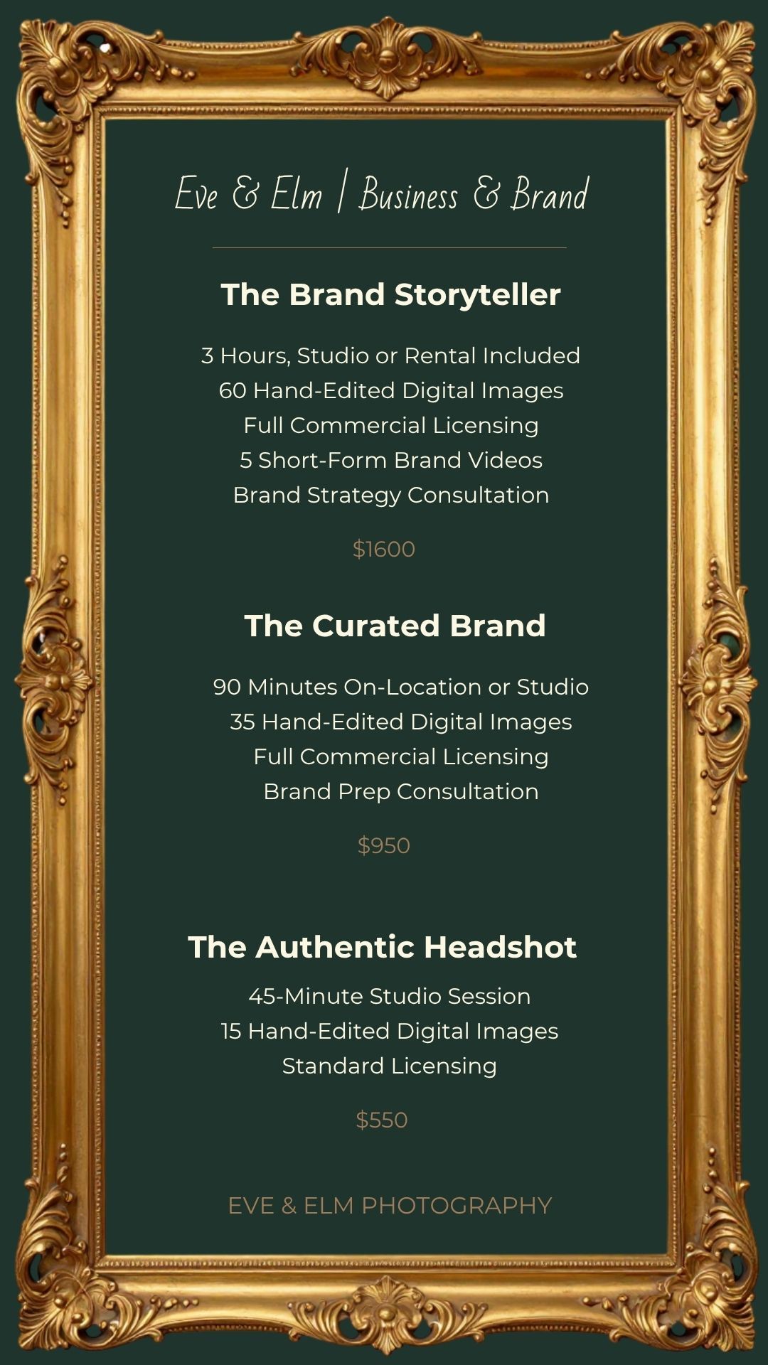Eve & Elm Photography business and brand photography pricing menu displayed in an ornate gold frame on a dark green background.