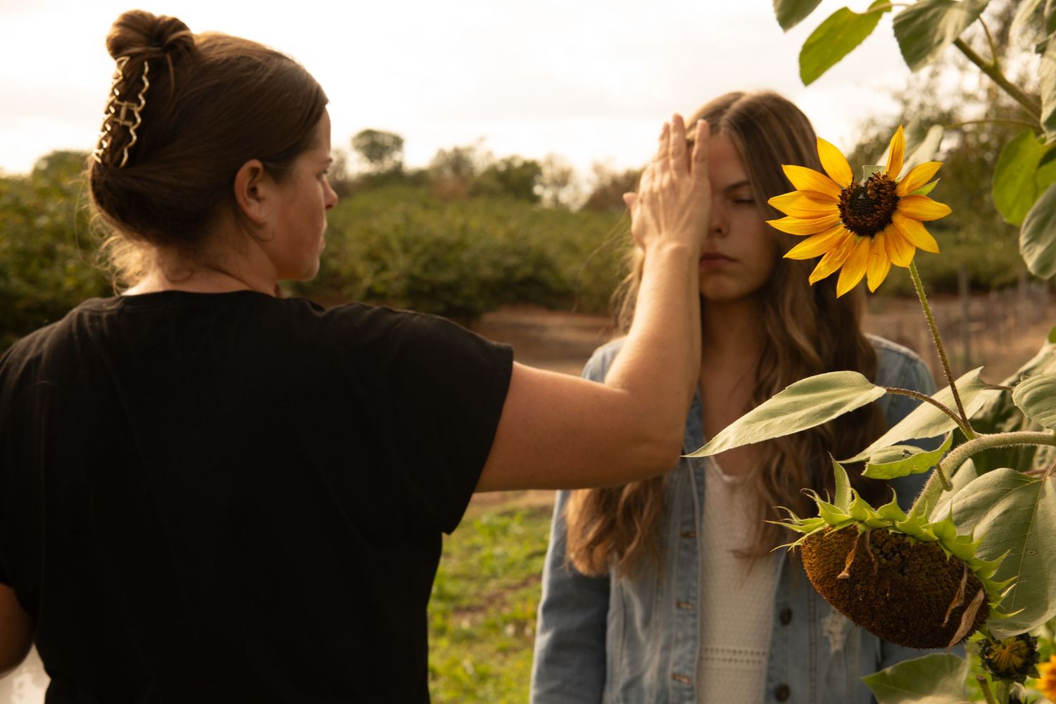 Woman covering a girl's eyes near a vibrant sunflower in a golden hour outdoor field setting.