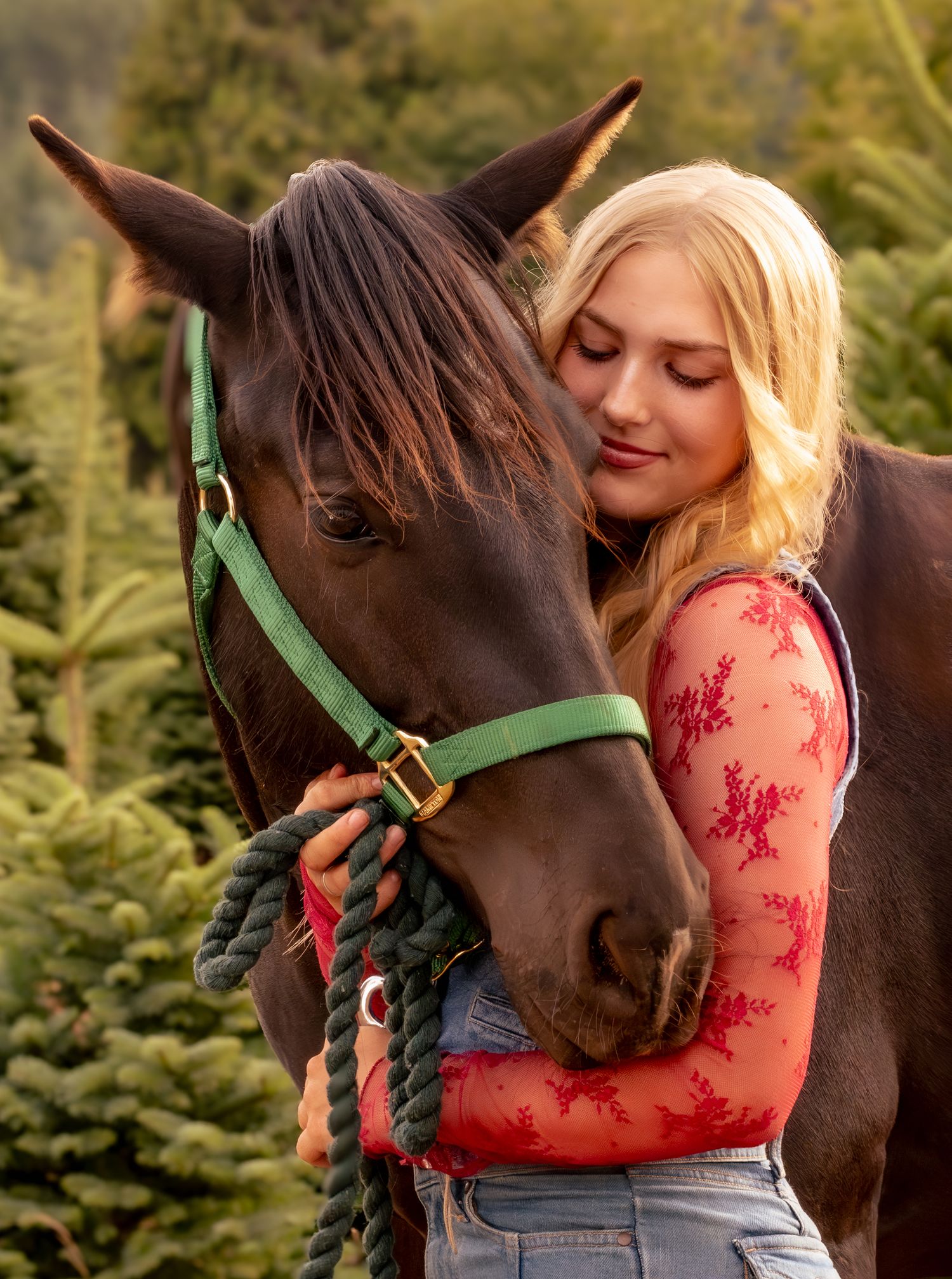 A young blonde woman tenderly embraces a dark brown horse wearing a green halter, surrounded by evergreen trees.