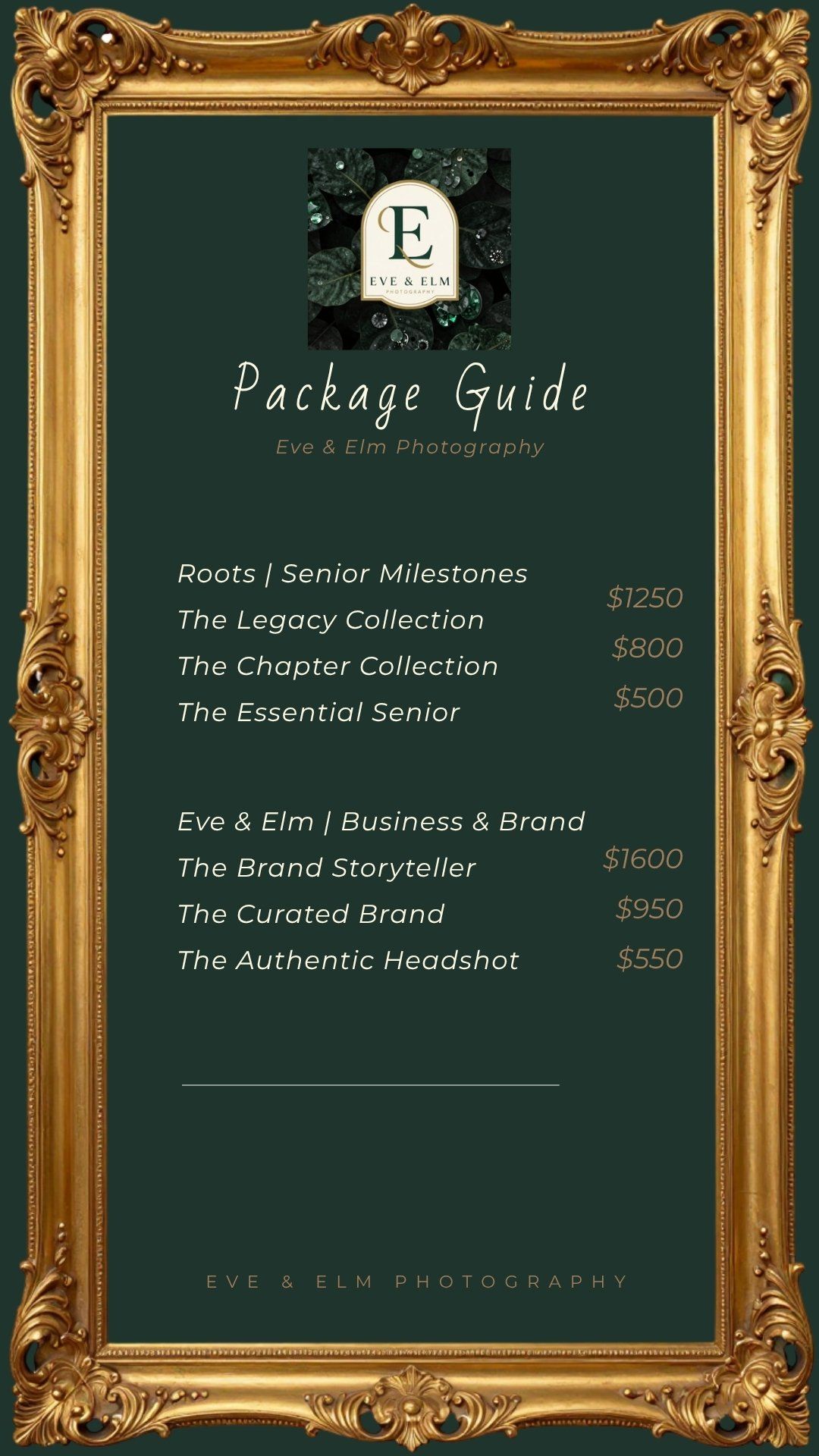 Eve & Elm Photography package guide in gold frame showing senior and business photography packages ranging from $500 to $1600.