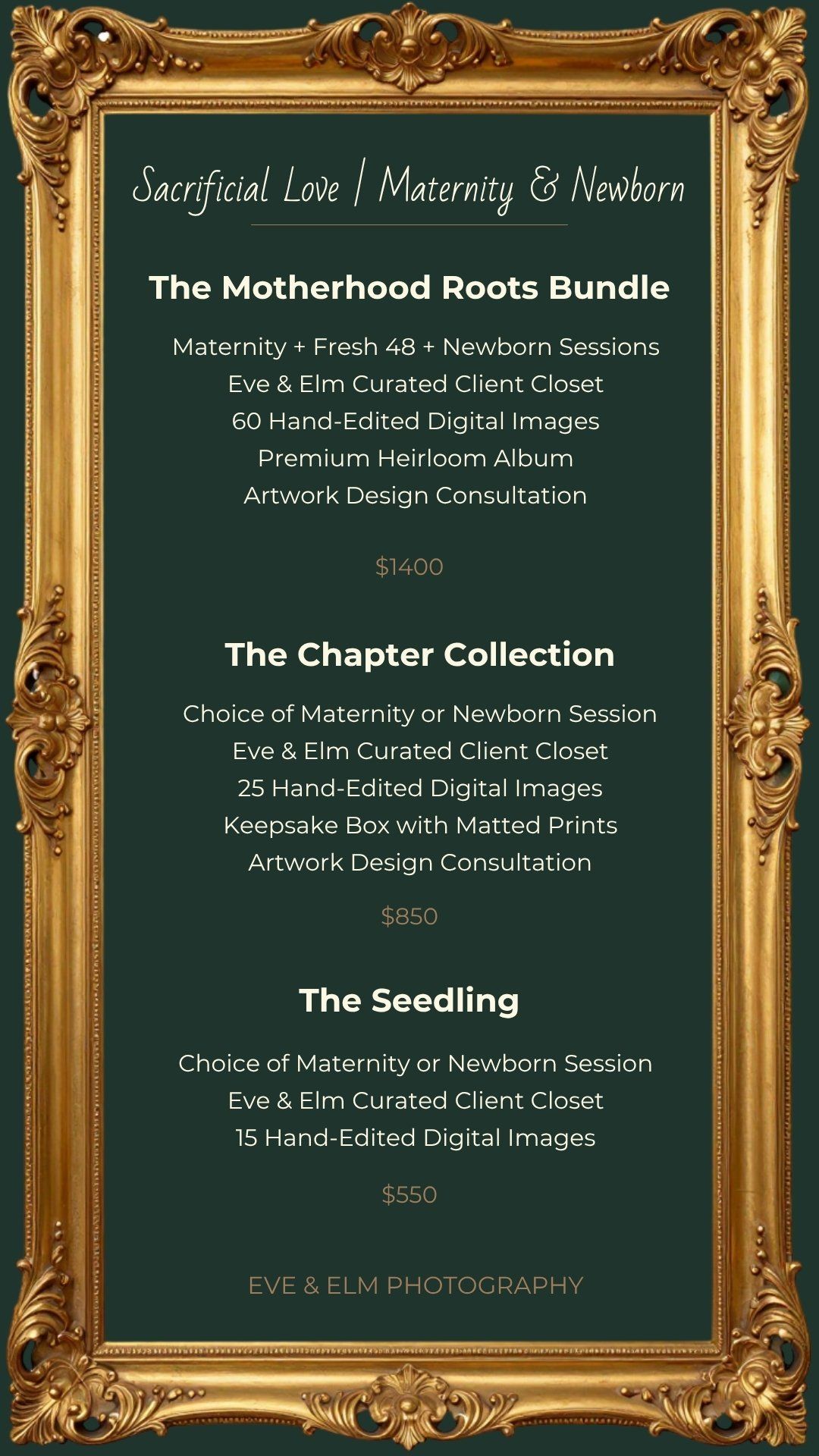 Gold-framed maternity and newborn photography price list for Eve & Elm Photography featuring three packages ranging from $550 to $1400.