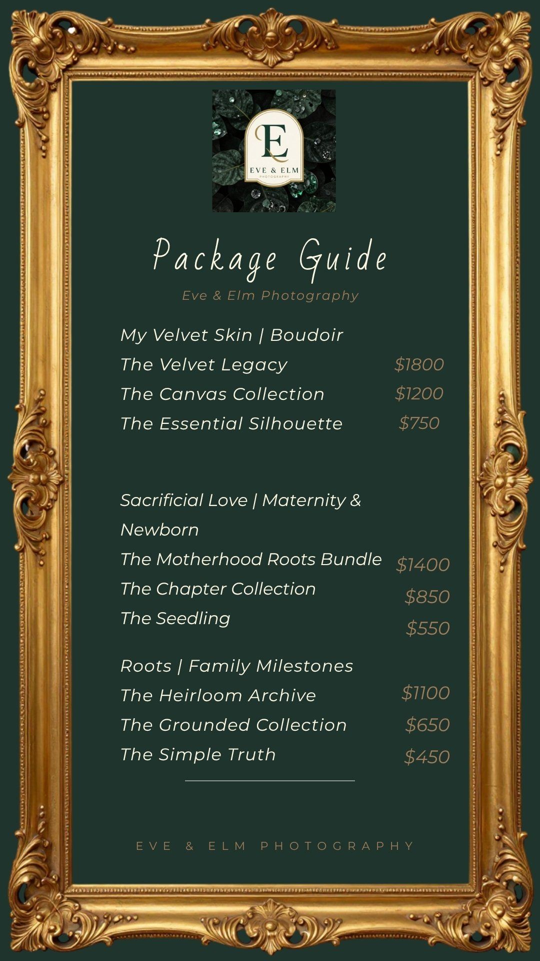 Eve & Elm Photography package guide in ornate gold frame on green background showing boudoir, maternity, and family milestone pricing.