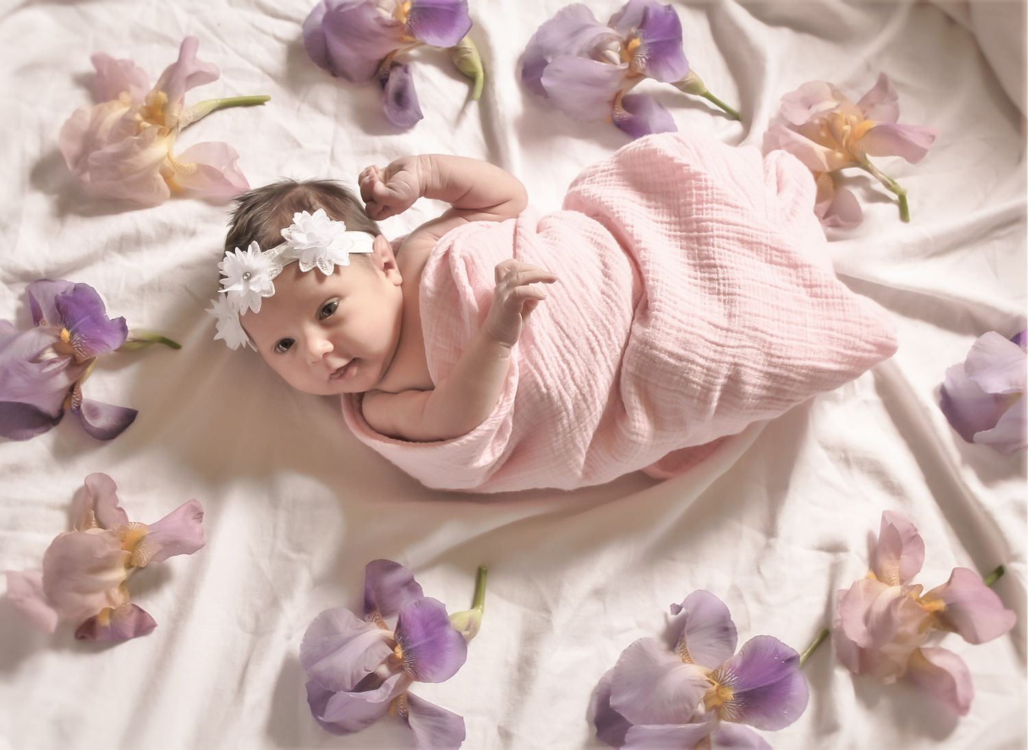 Newborn baby girl wrapped in pink swaddle with white floral headband, surrounded by purple iris flowers on white blanket.