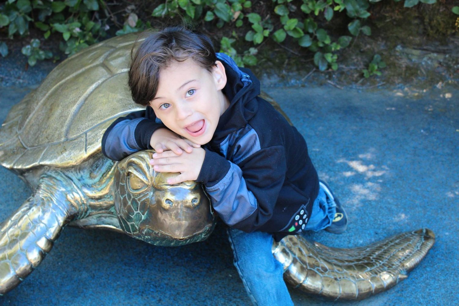 Young boy smiling while riding a bronze sea turtle statue outdoors at a zoo or aquarium.