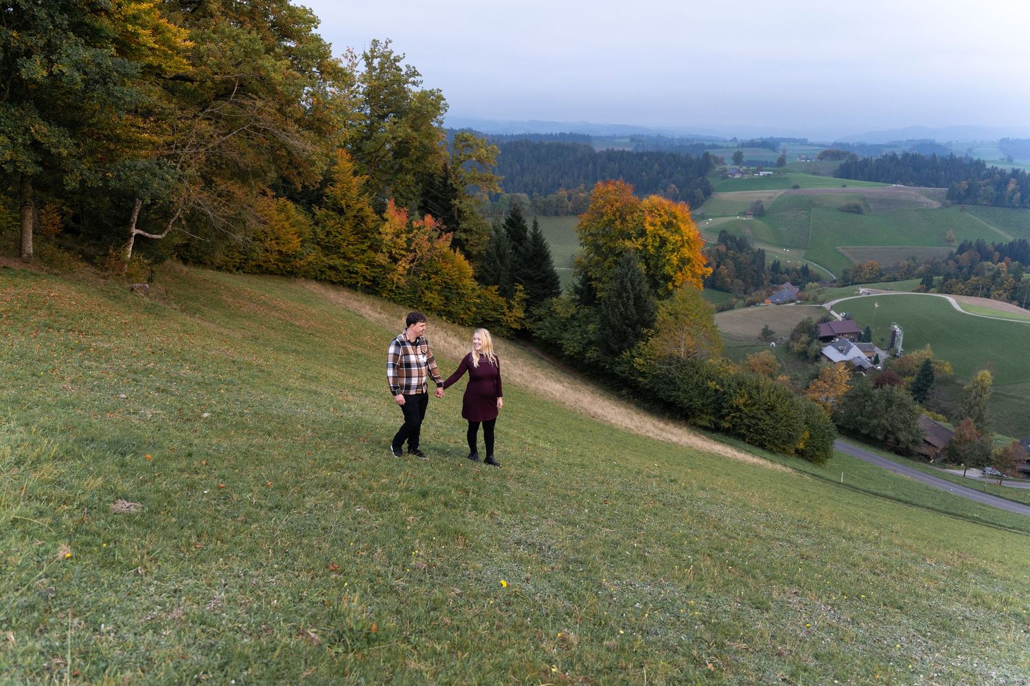 Panoramic autumn landscape view of rolling hills and farmland with colorful fall foliage in the countryside.