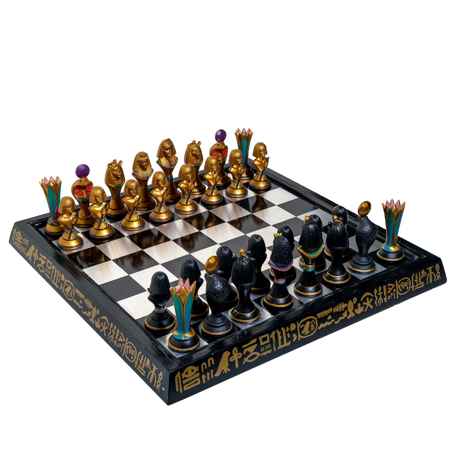 Egyptian-themed chess set with ornate gold and black pieces displayed on board.
