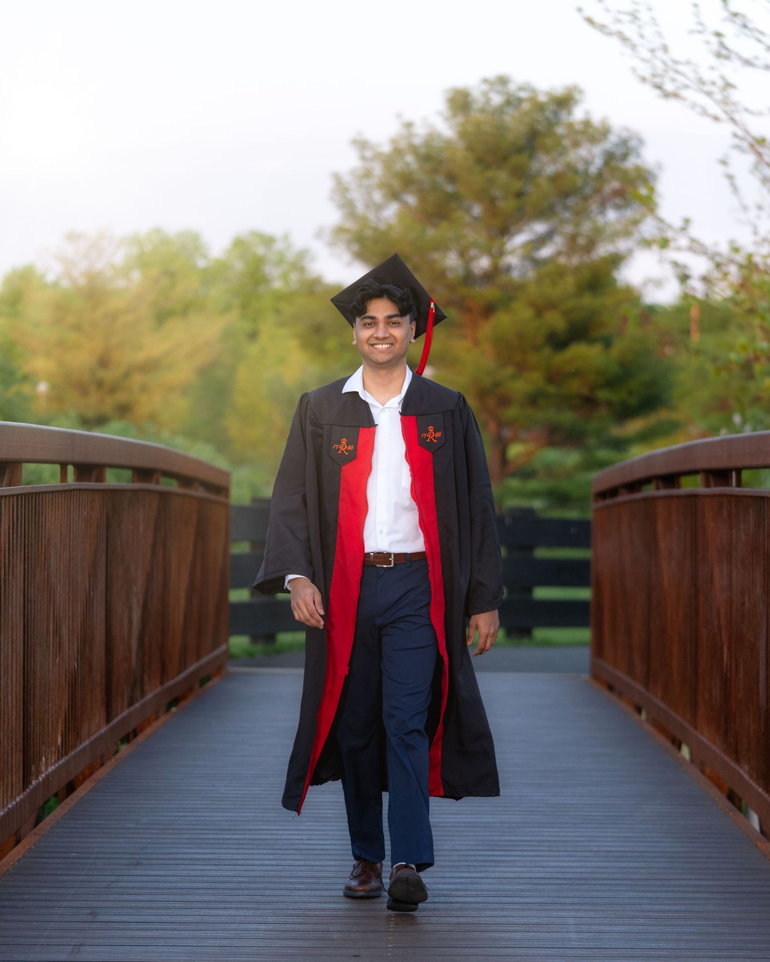 Series of photos showing someone in a graduation cap and gown walking across a wooden bridge.