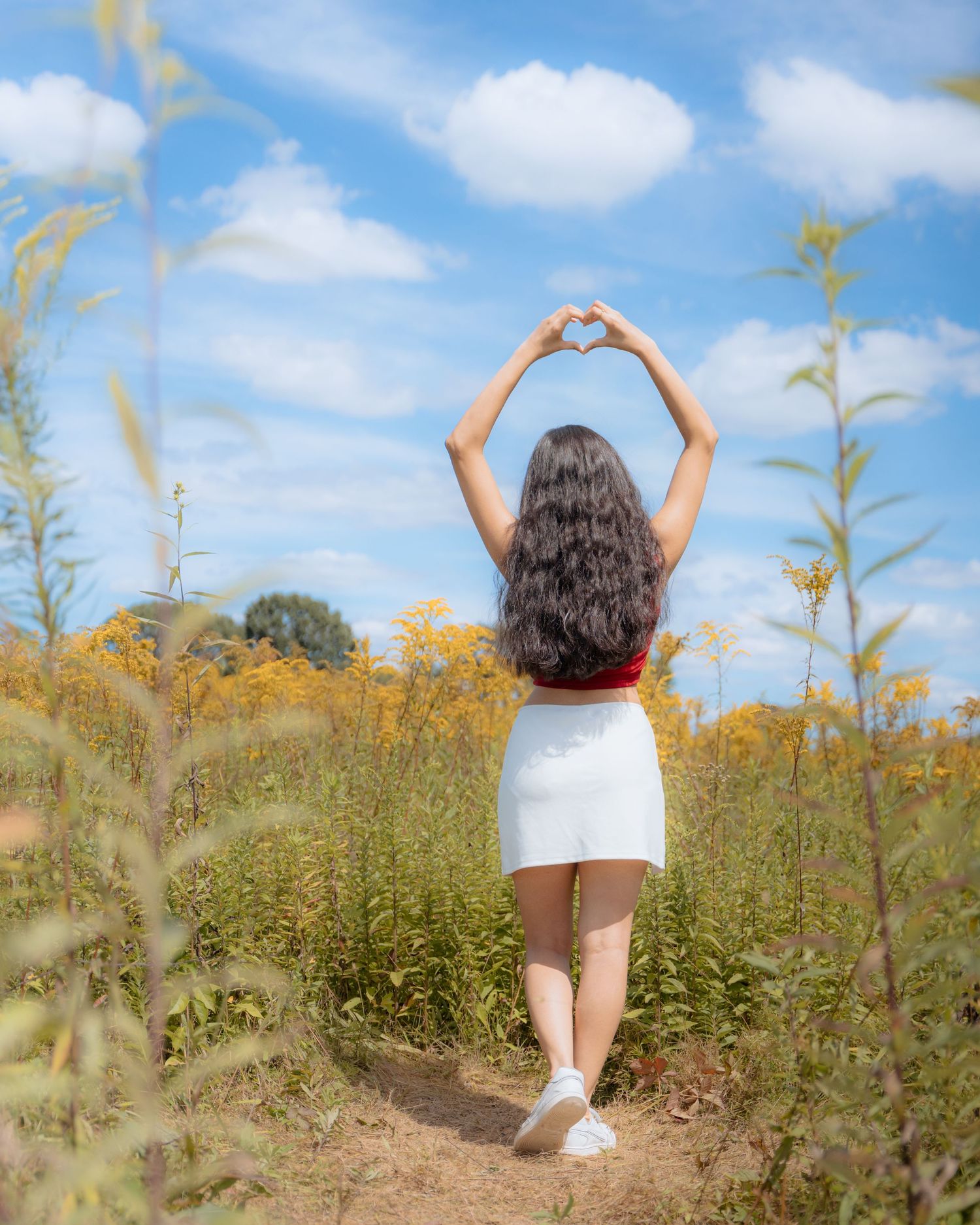 A figure poses in a field of yellow wildflowers against a bright blue sky.