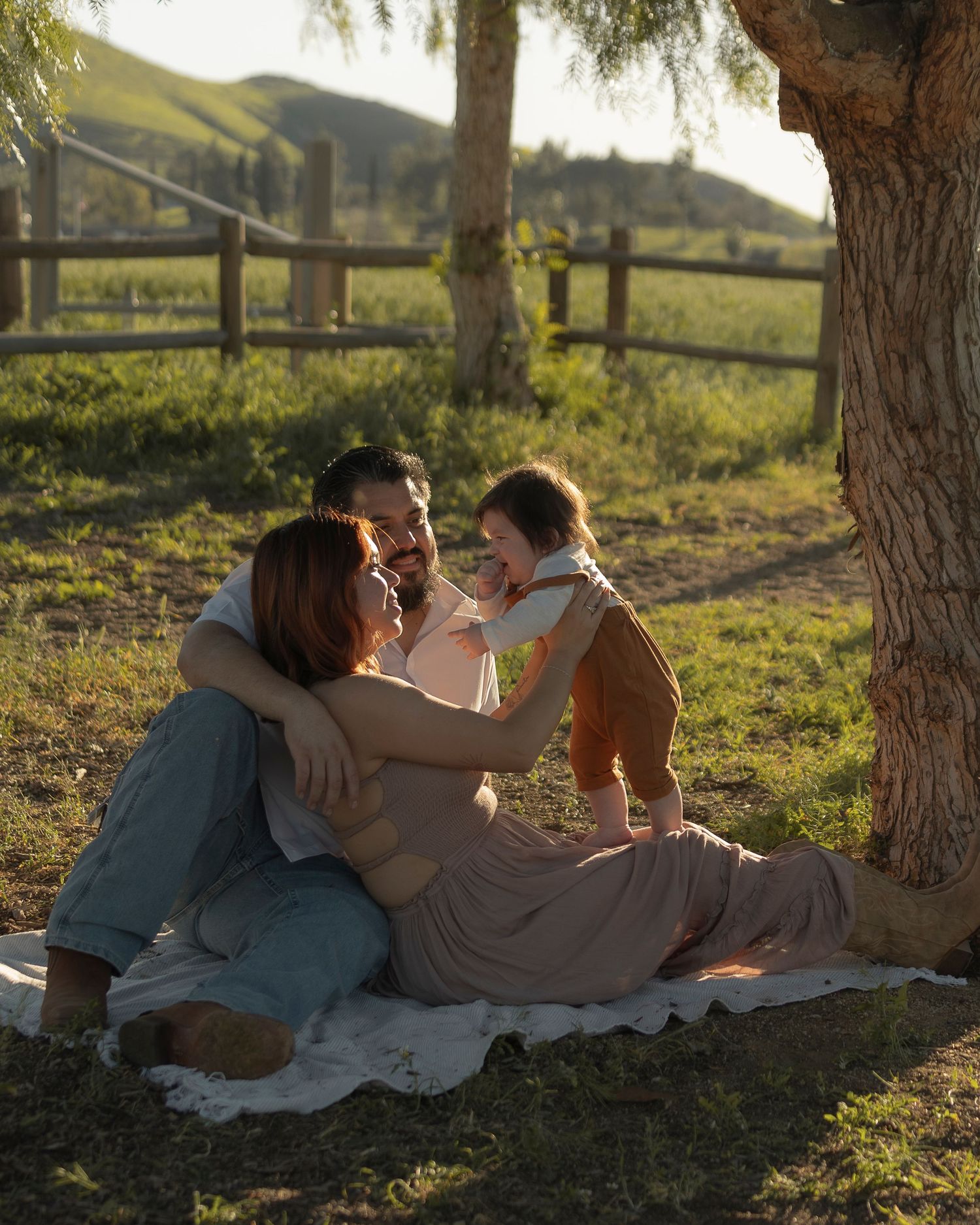 Family relaxing on blanket under tree in golden sunlight, with rolling green hills and wooden fence in background.
