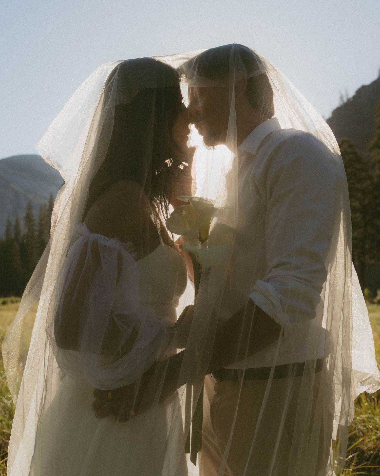 Bride and groom share an intimate moment under a flowing veil with sunlit mountains in the background.