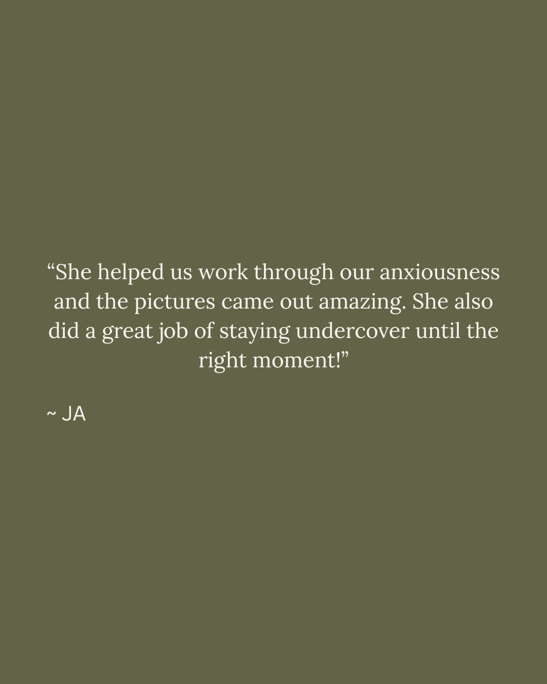 Olive green graphic with white text featuring a five-star client testimonial quote praising photography services.