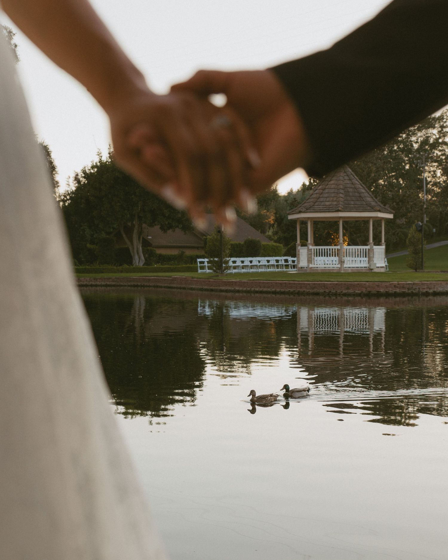 Newlyweds hold hands near a serene pond with ducks and a white gazebo reflected in the water.