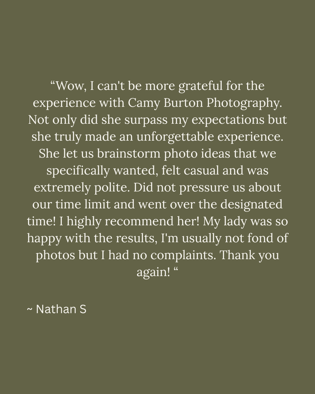 Five-star client testimonial from Nathan S praising Camy Burton Photography for exceeding expectations and professionalism.