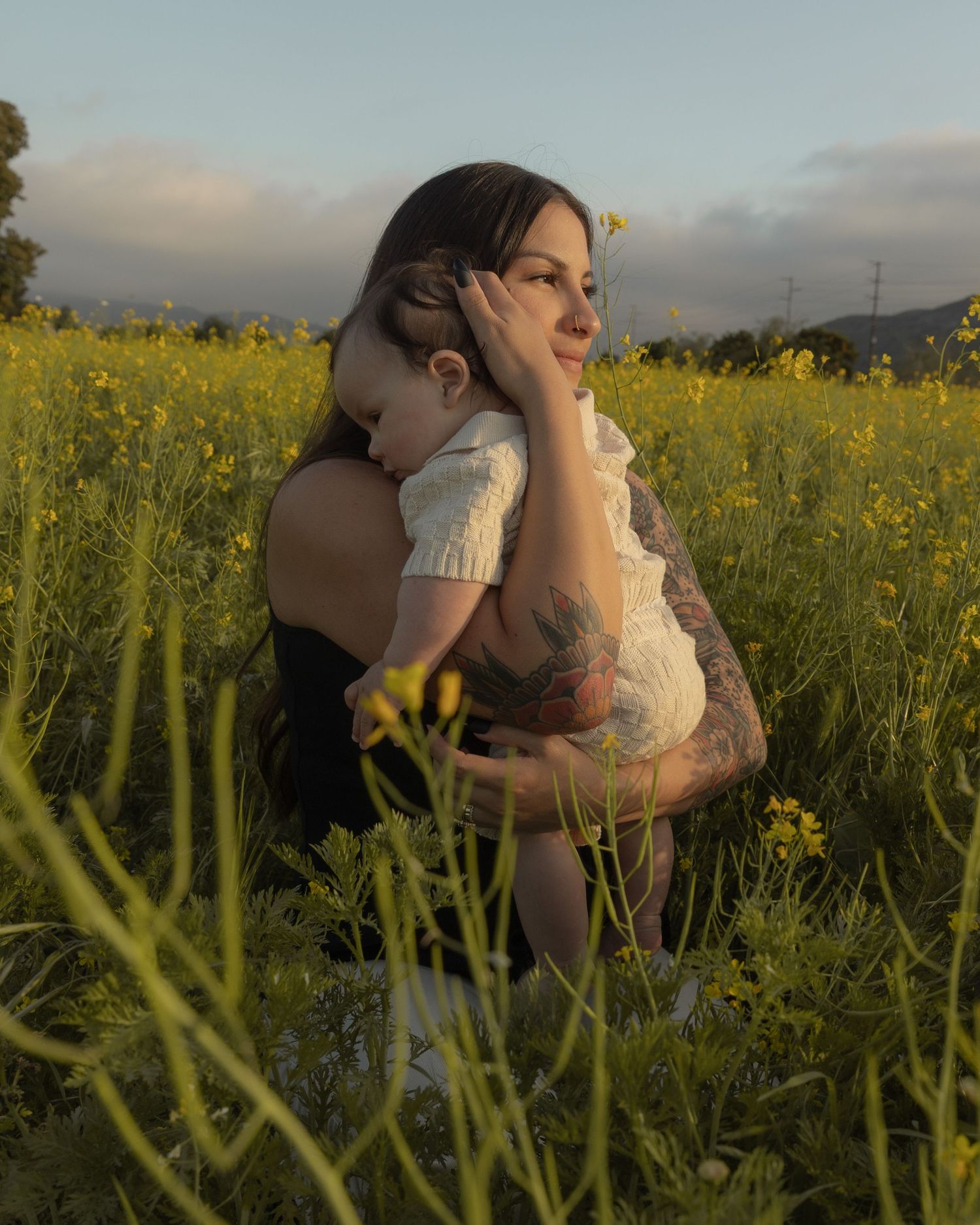 Two people share an intimate moment in a field of yellow flowers at sunset.