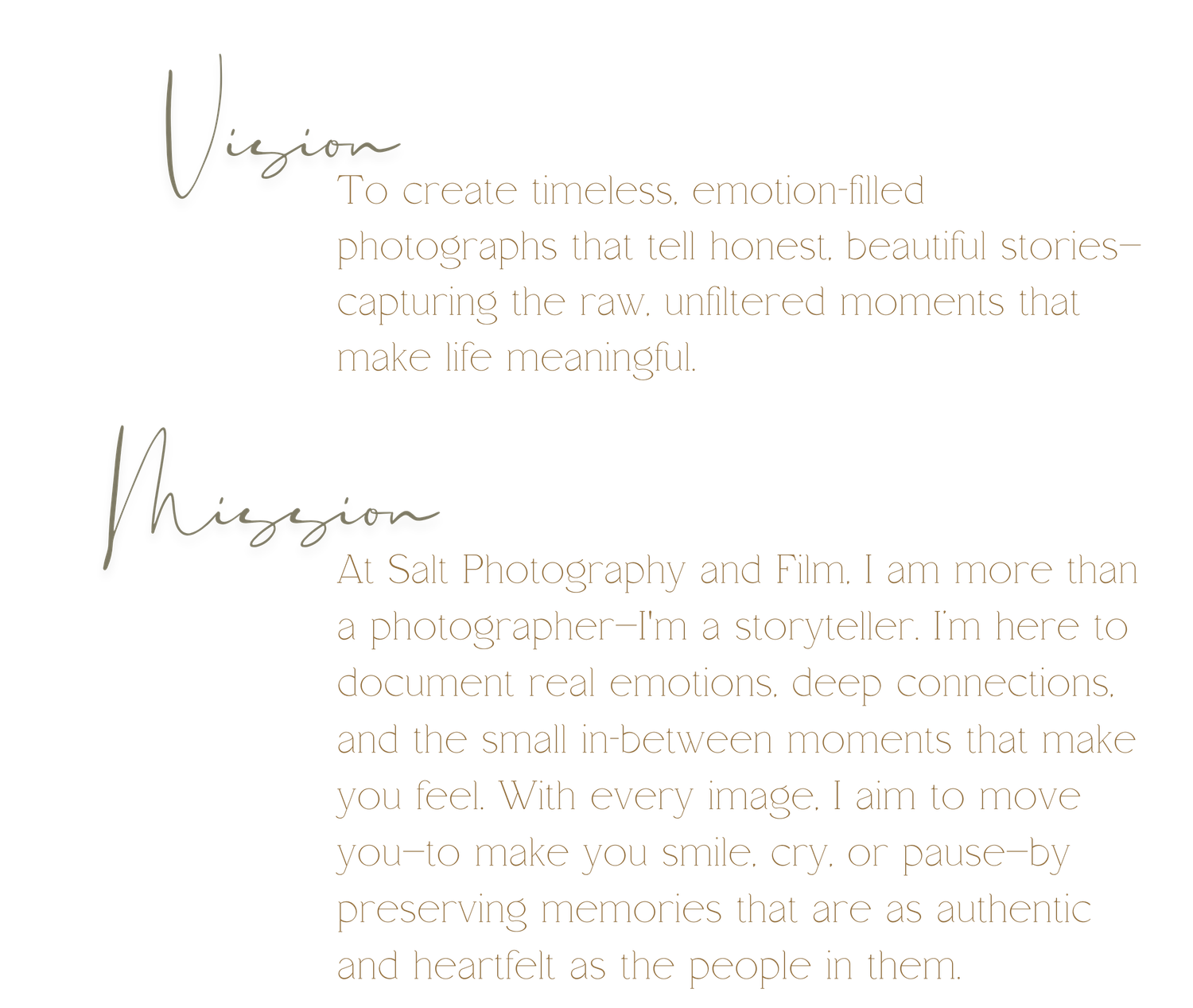 Elegant handwritten text in gray and brown describes a photography mission statement on a white background.