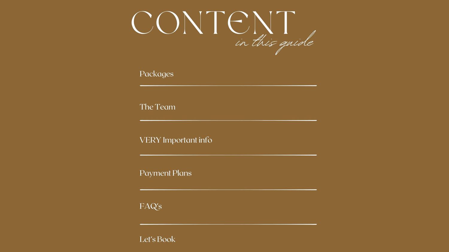 Brown and gold website navigation menu with elegant typography showing content sections and links.