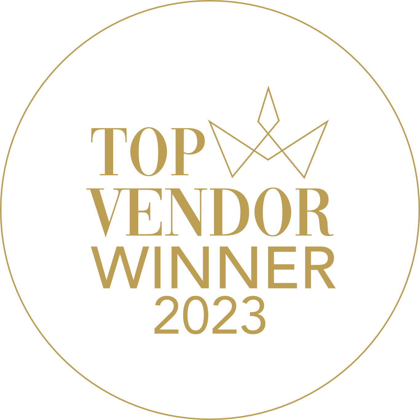 Gold circular Top Vendor Winner 2023 badge with crown icon.