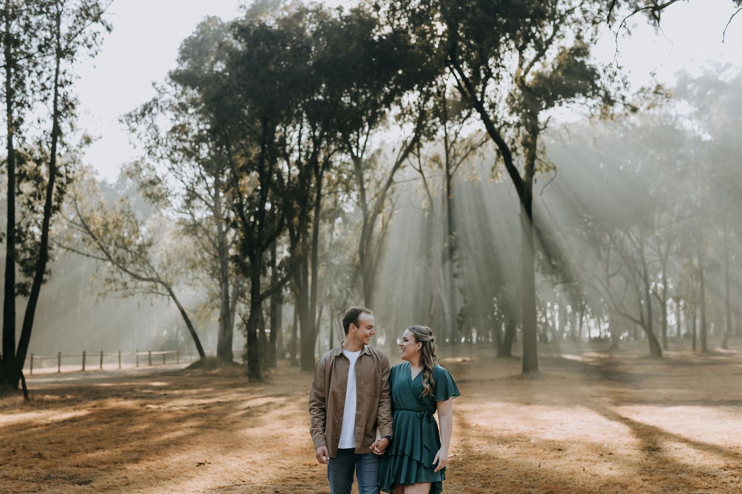 Misty forest path at sunset with people standing among tall eucalyptus trees in warm golden light.
