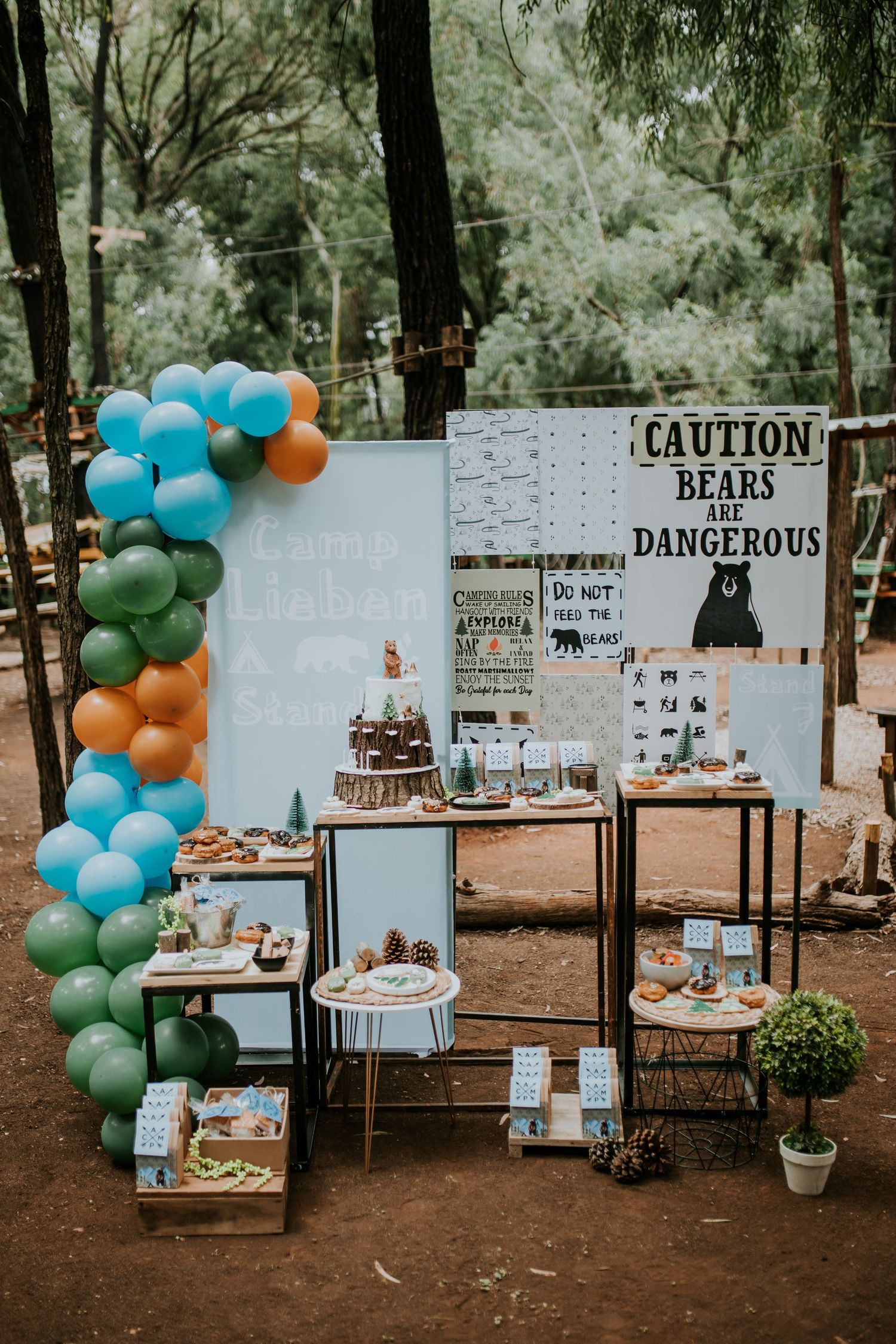 A modern forest-themed baby shower setup with balloon arches, rustic decor, and caution bear signs.
