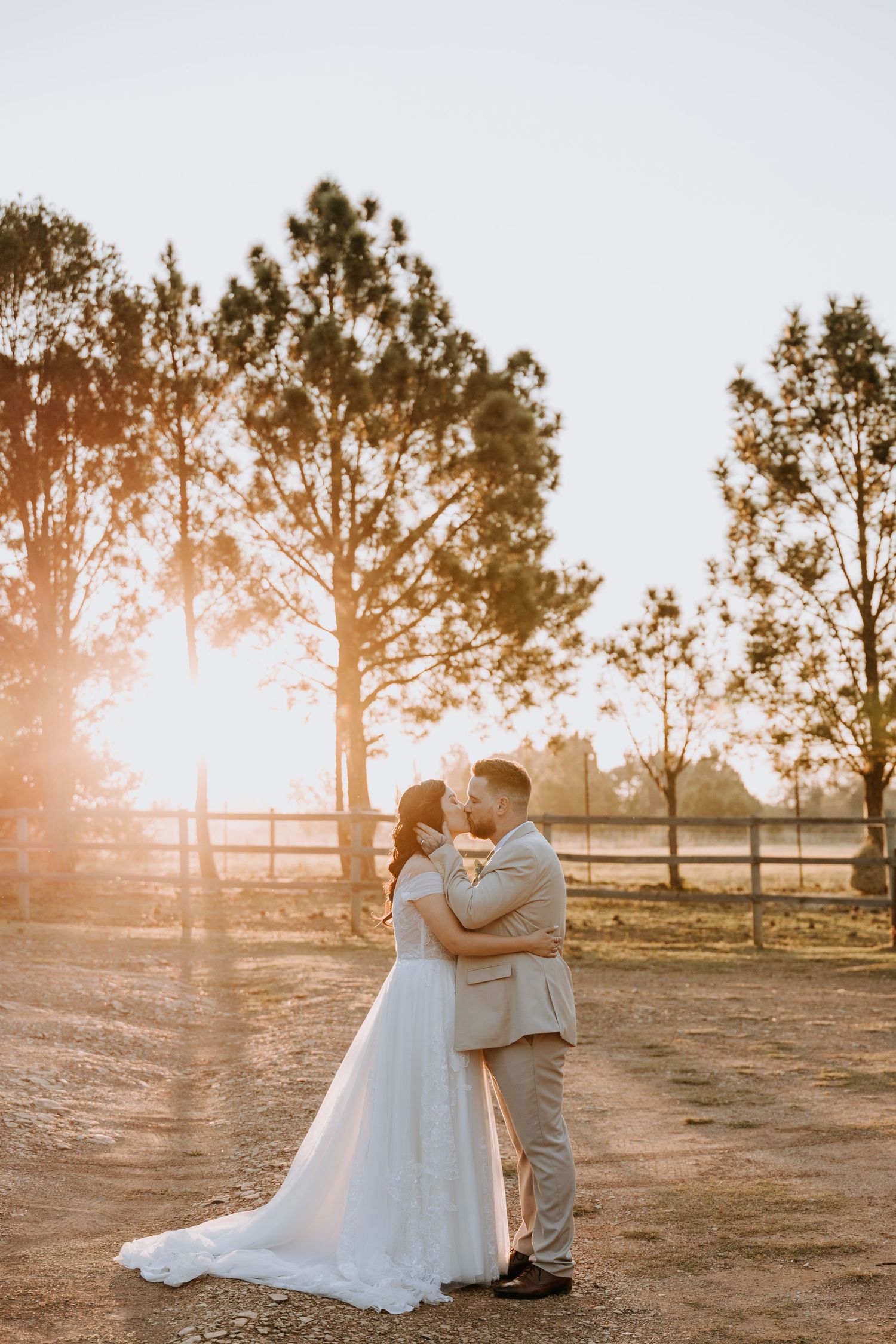 A romantic sunset photoshoot showing a couple standing together in a rustic field with tall pine trees in the background.