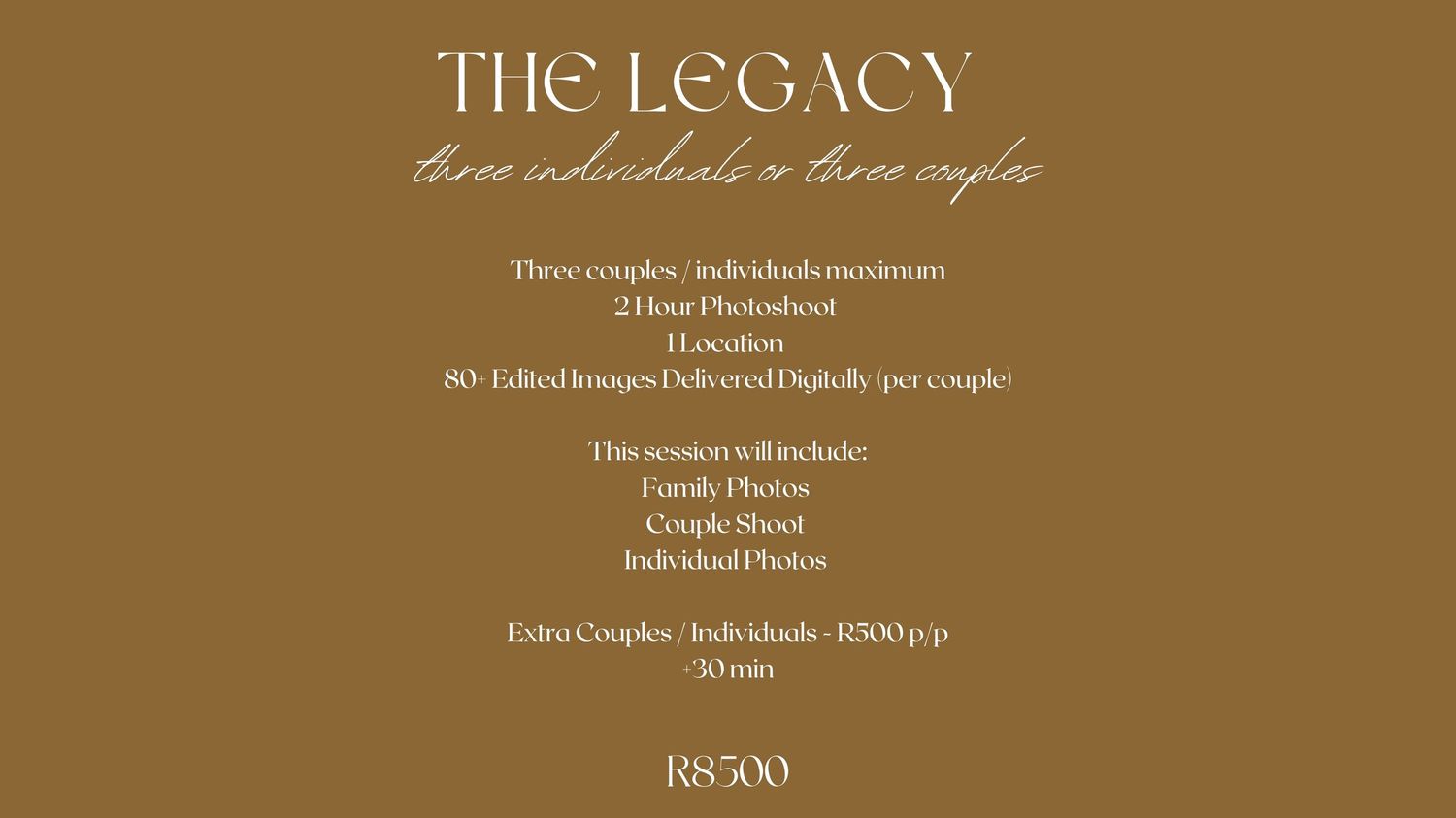 A series of sepia-toned text panels showing 'The Legacy' title and credits in an elegant vintage style.