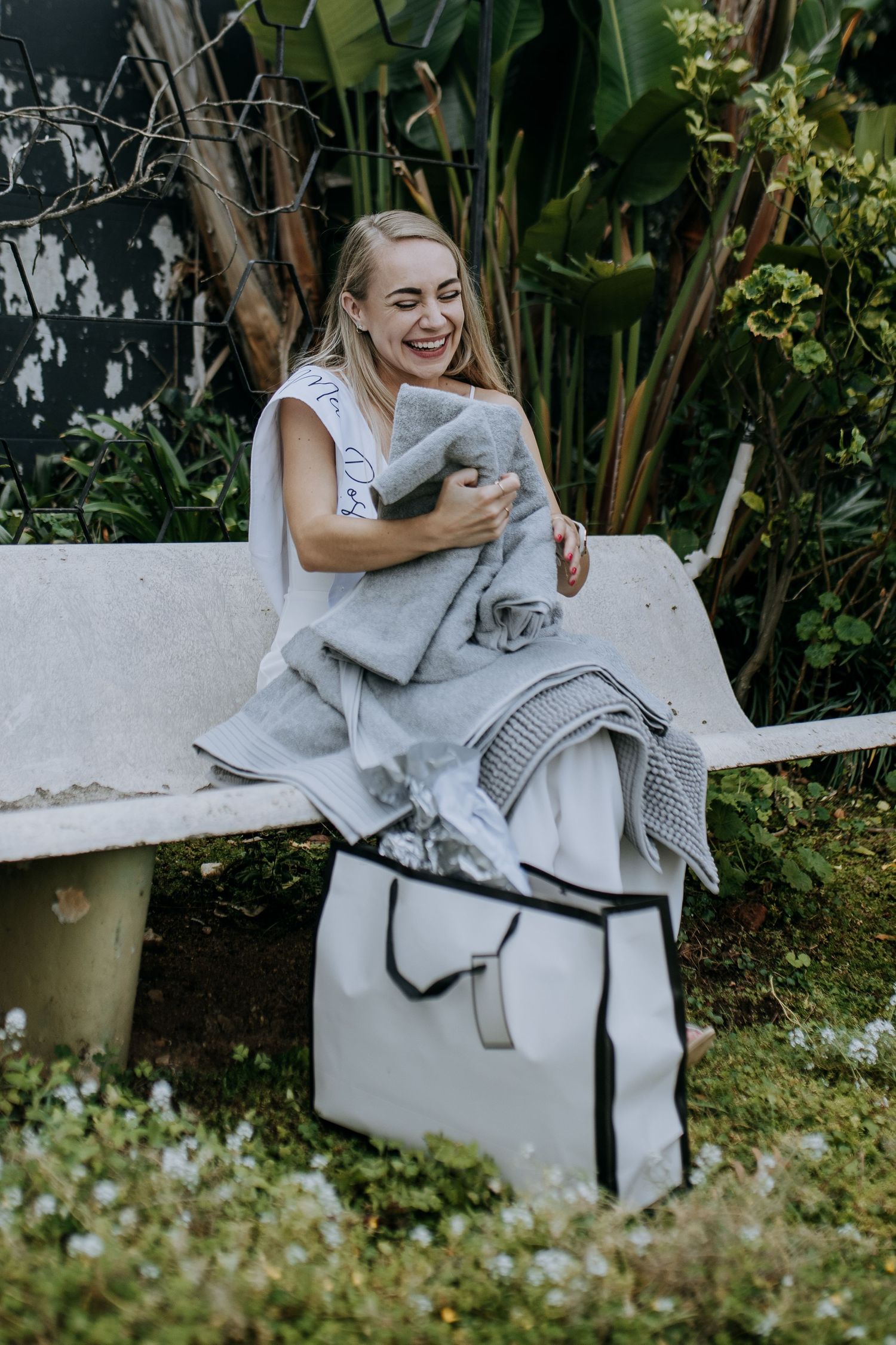 Sequence of photos showing someone interacting playfully with a British Shorthair cat on an outdoor bench.