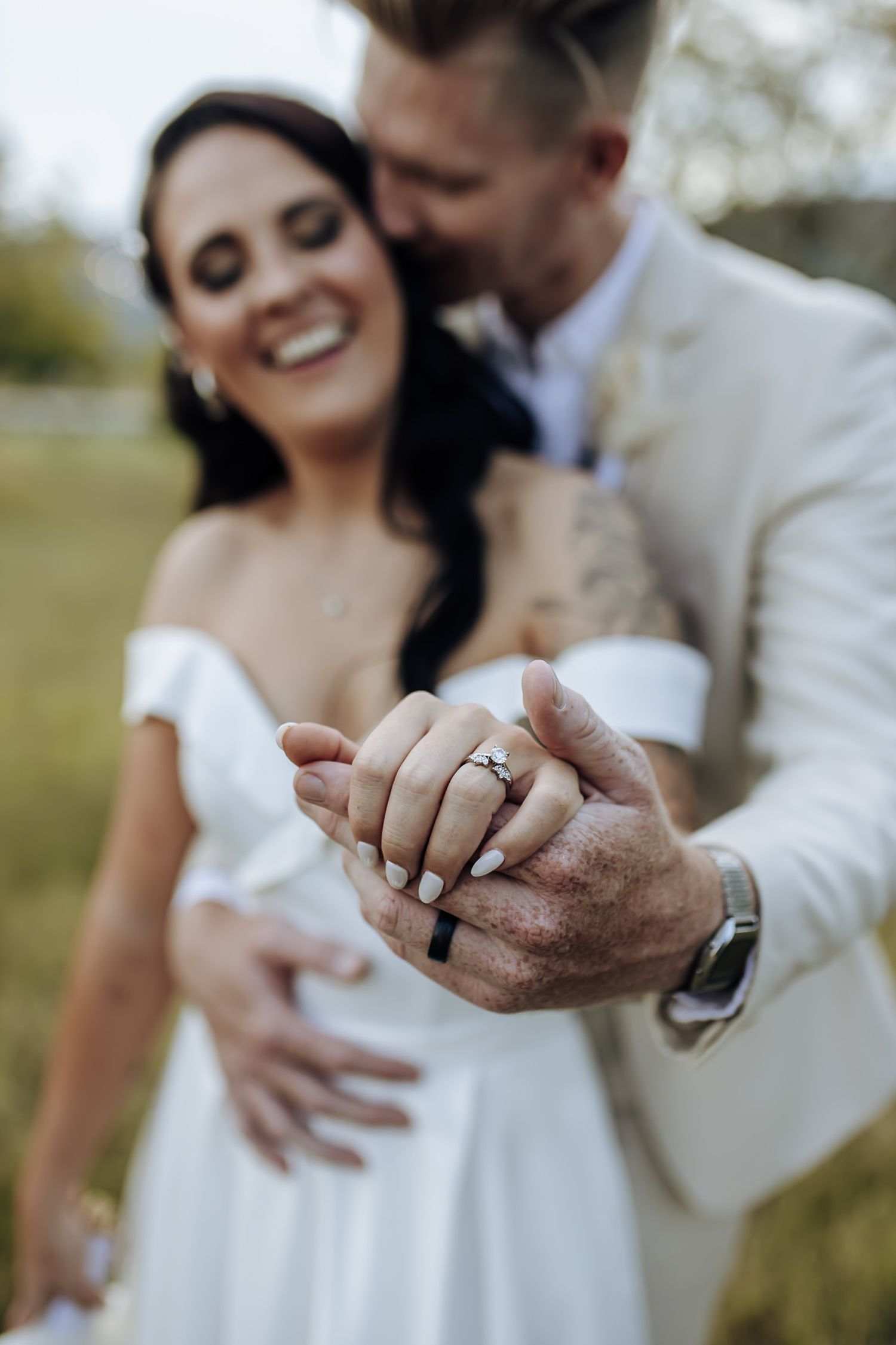 A romantic series of ring detail shots showing hands and engagement rings from a wedding photo session.