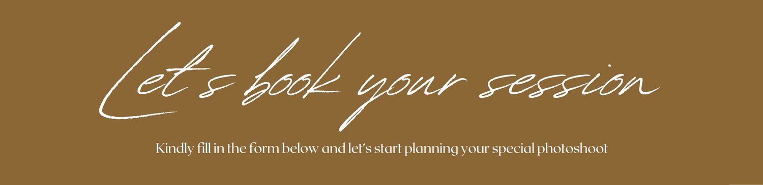 A minimalist brown banner with elegant white cursive text reading 'Let's book your session' against a neutral background.