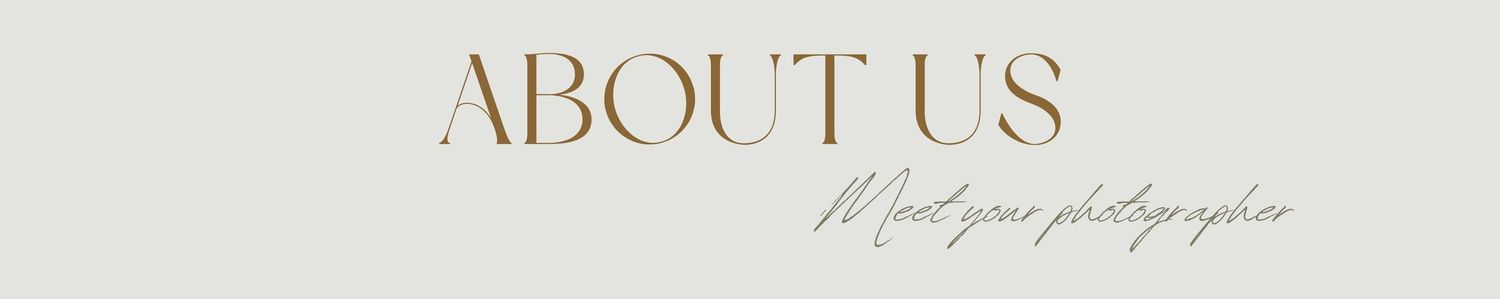 Elegant brown and beige text banner reading 'About Us' in serif font against a neutral background.