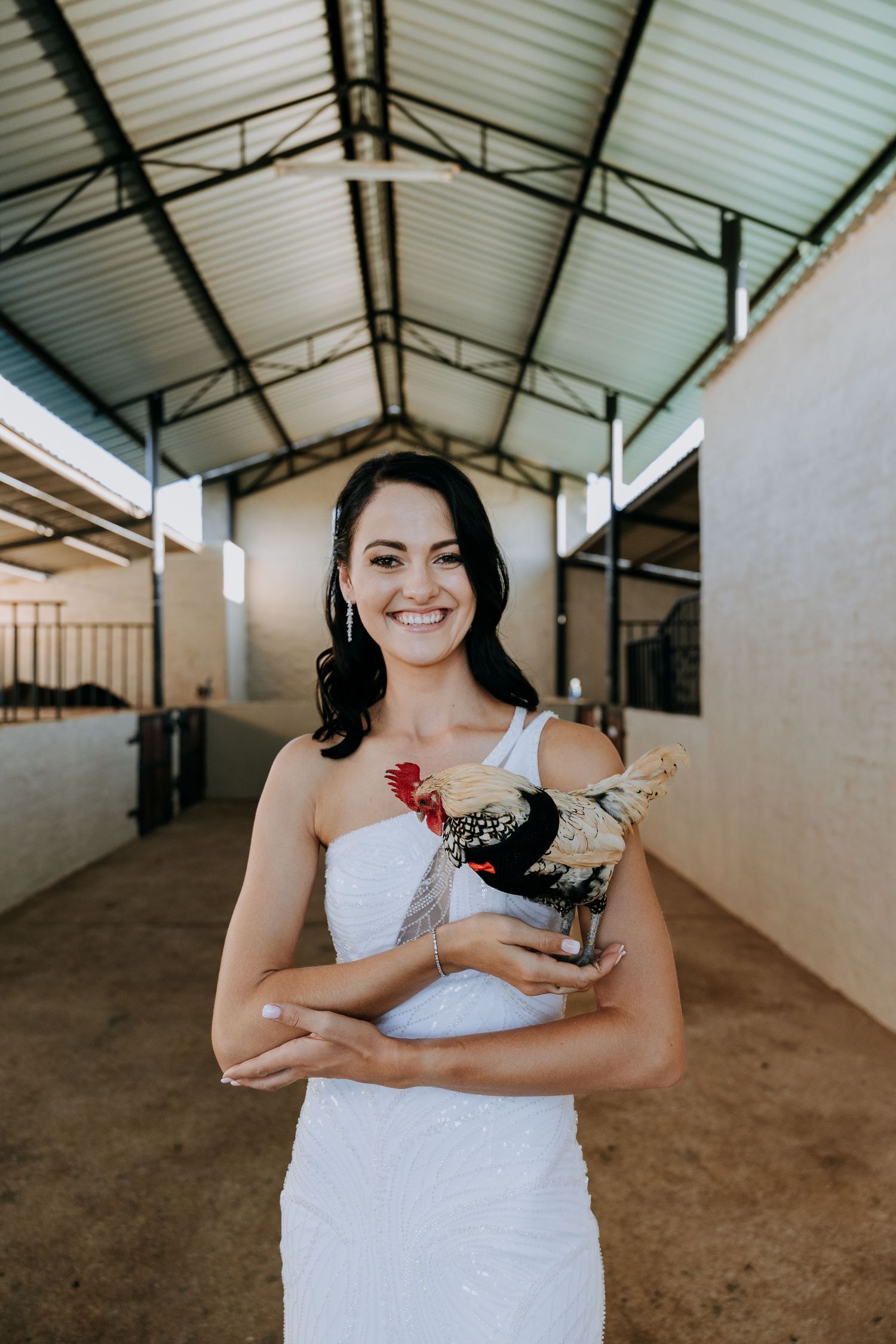 Interior shots of a bride in a white dress holding a small animal inside a rustic farm building.