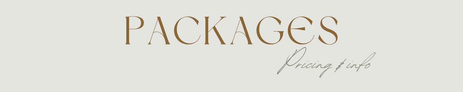 Elegant wedding packages text in gold lettering on a white background with decorative floral elements.