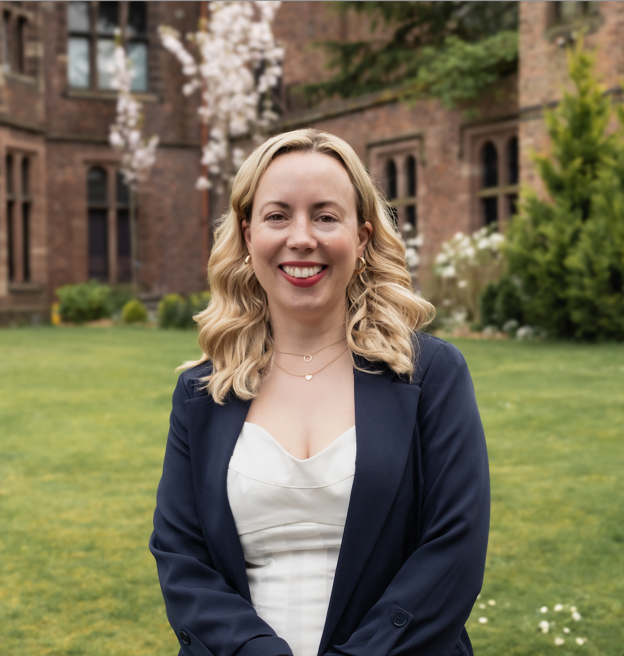 Member of Parliament, Sarah Hall, outside of Walton Hall, Warrington, in natural light.