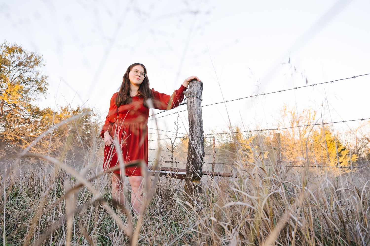 Young woman in red dress leaning on rustic wooden fence post in autumn field with dry grass.