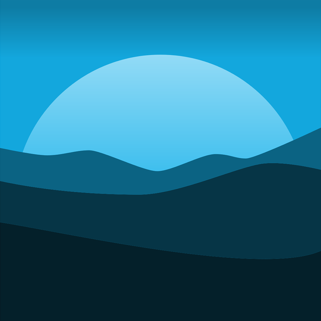A minimalist landscape illustration with rolling hills silhouetted against a large rising sun in shades of blue.