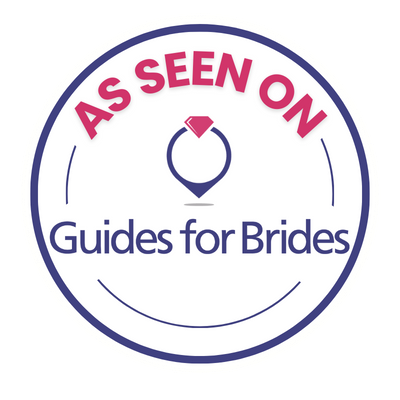 A circular blue and pink logo for Guides for Brides featuring a diamond ring icon.
