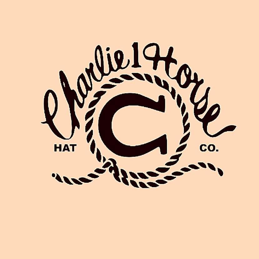 Vintage-style Charlie Horse Hat Co logo with rope design on peach background.