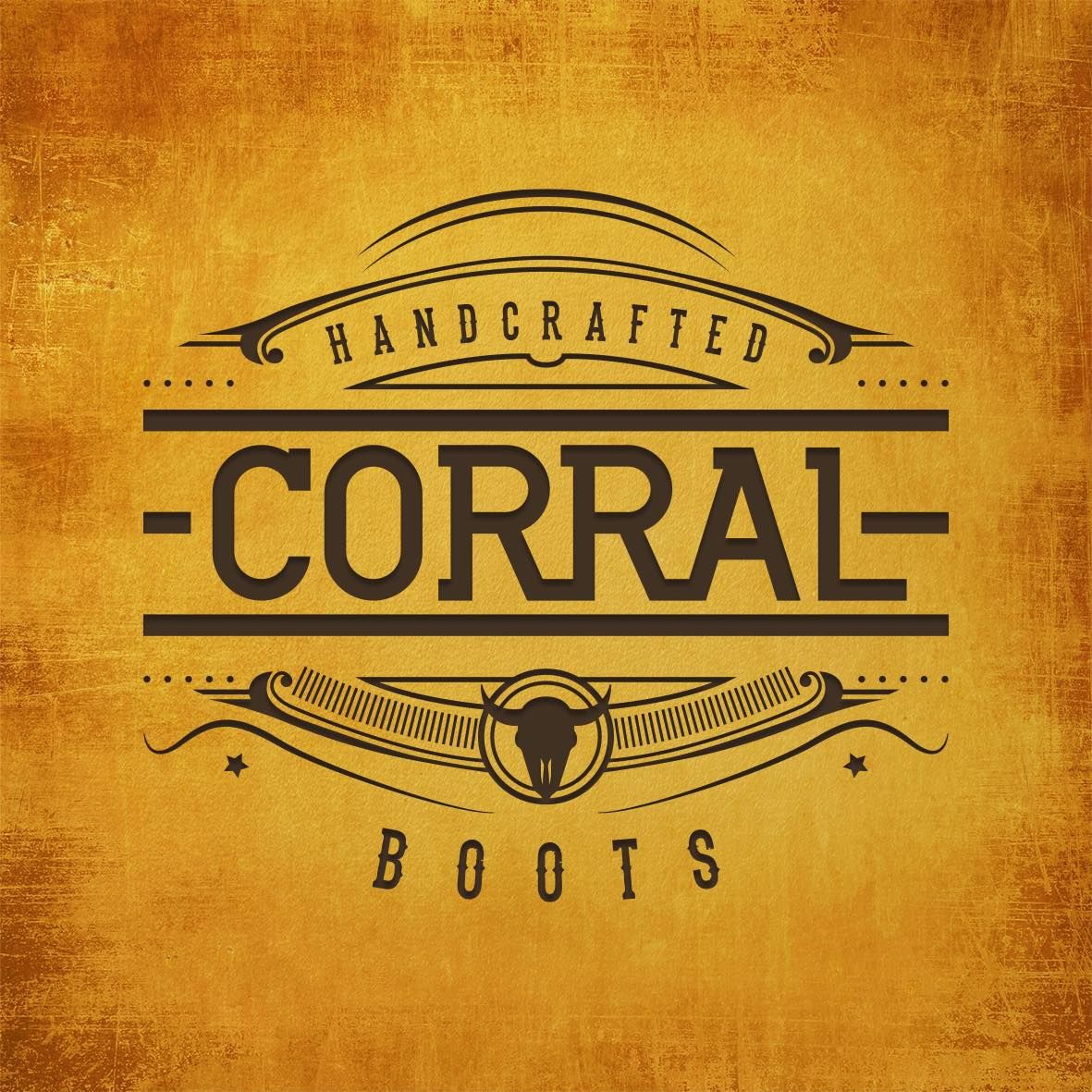 Vintage-style Corral Boots logo with bull skull design on golden textured background.