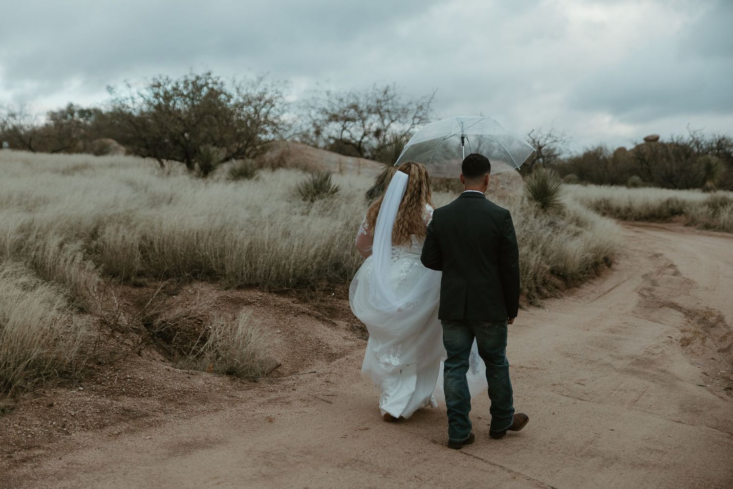 A couple walks down a desert path in wedding attire against a moody cloudy sky. Tucson Wedding photographer