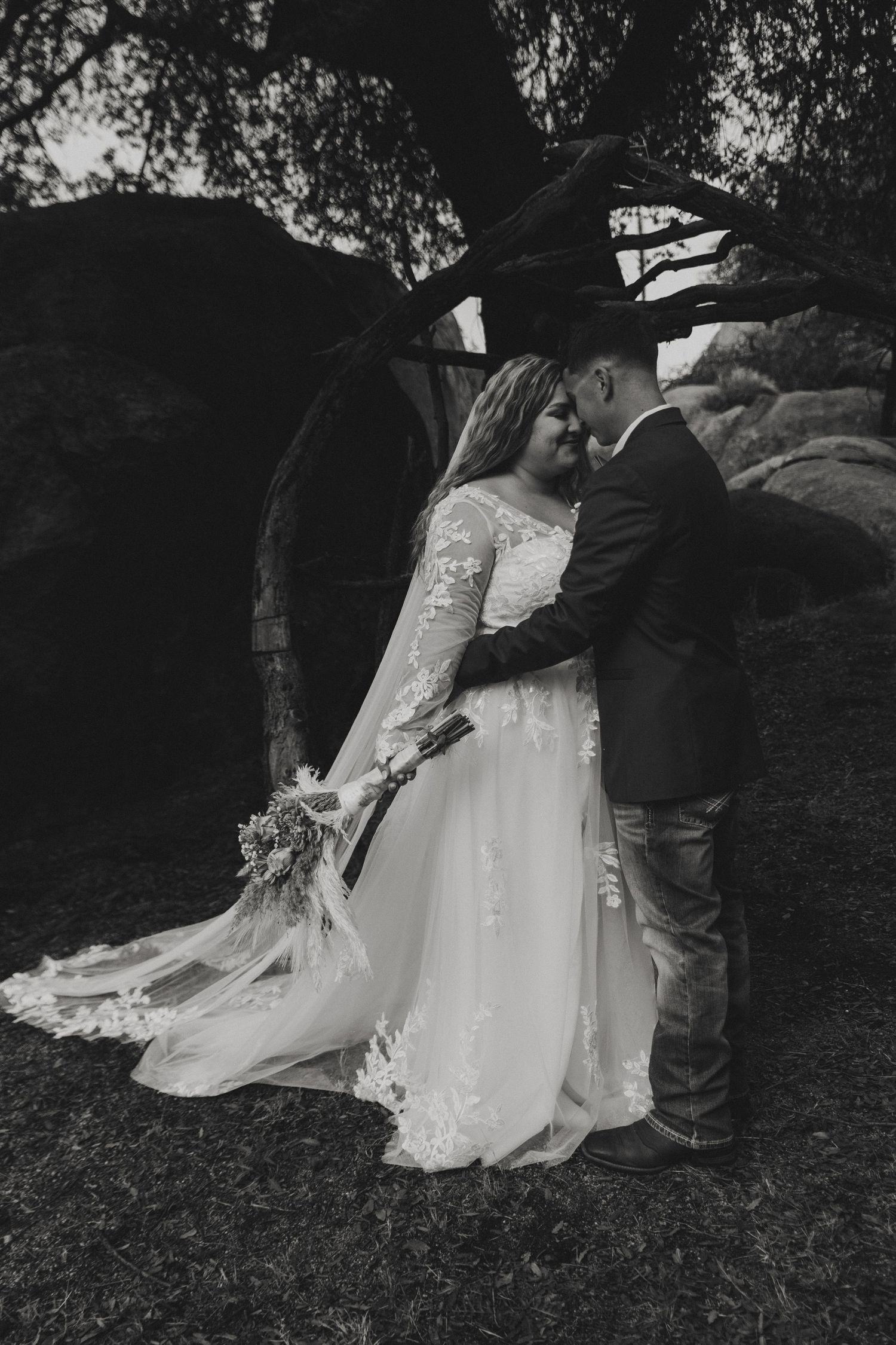 A romantic black and white wedding photo showing a couple embracing under a tree with the bride in a flowing lace gown. Tucson Weddings