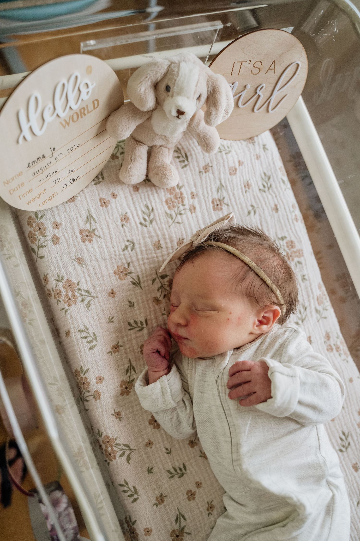 Newborn baby girl sleeping in hospital crib with Hello World and Its a Girl wooden signs.