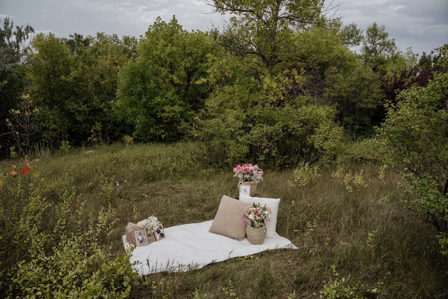 A romantic outdoor picnic setup with white blanket, pillows, and floral arrangements in a lush green meadow.